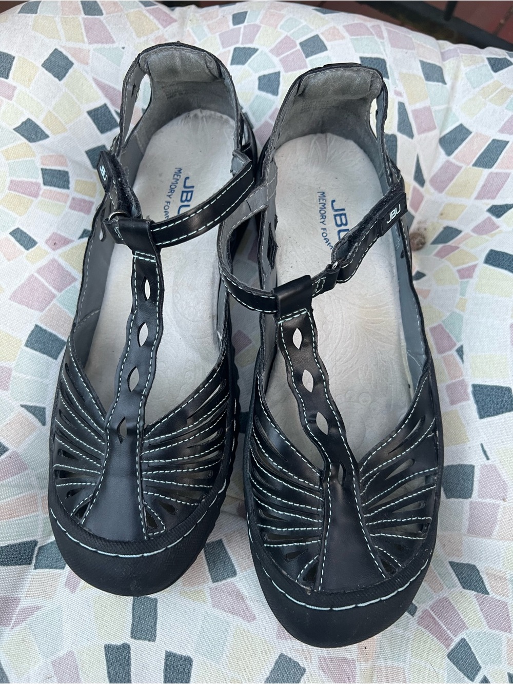 Jambu JBU Women’s Leather Cut Out Mary Jane Comfort Sandals Black/Blue.size 8
